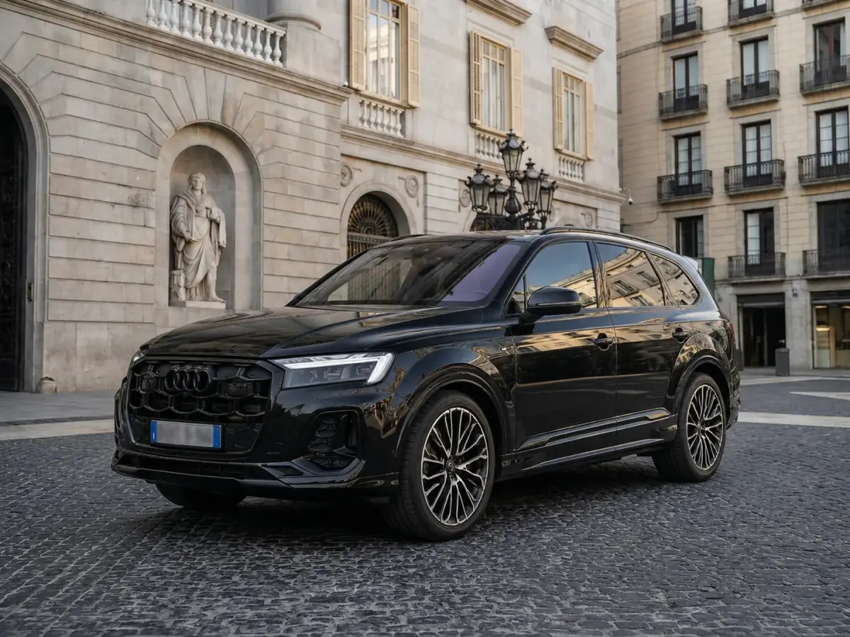 Audi Q7 50 TDI S-Line Edition 2025, perfil lateral — Sports Car Rental Barcelona, Barcelona. Audi Q7 50 TDI S-Line Edition en Barcelona El Audi Q7 50 TDI S-Line Edition 2025 se…